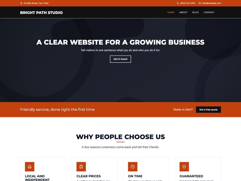 Modality theme home page in the Bold style preset