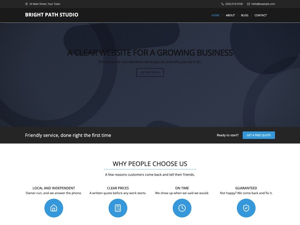 Modality theme home page in the Classic style preset