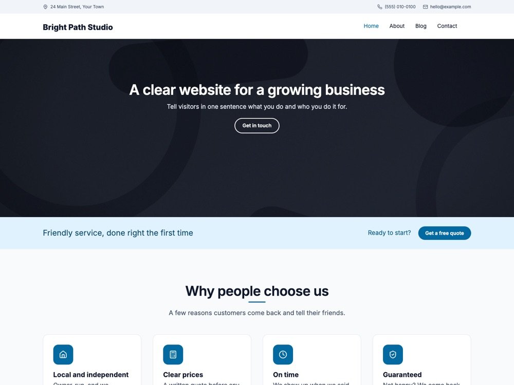 Modality theme home page in the Light style preset