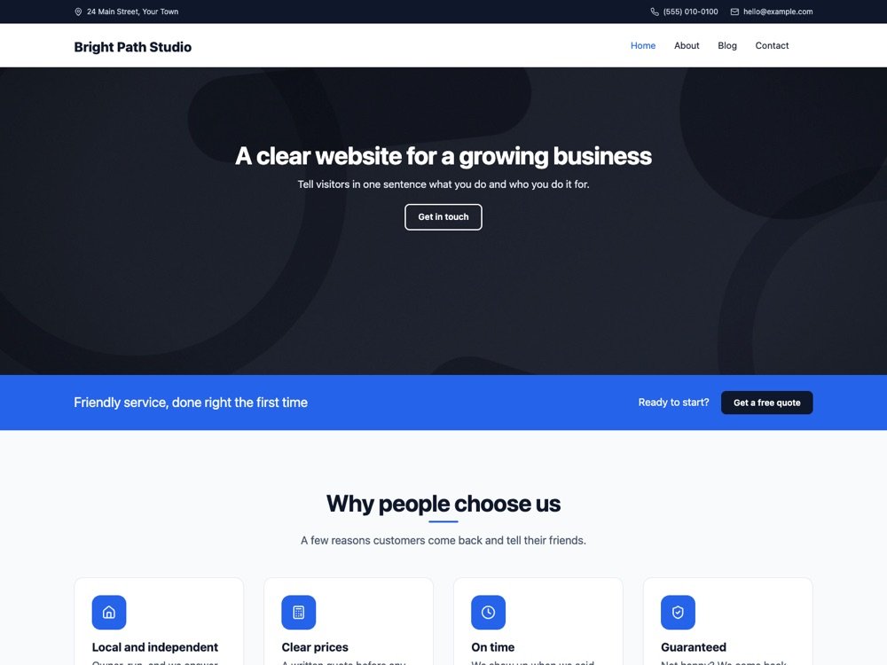 Modality theme home page in the Modern style preset