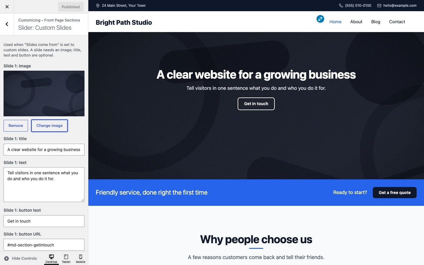 Slider: Custom Slides with image, title, text and button fields