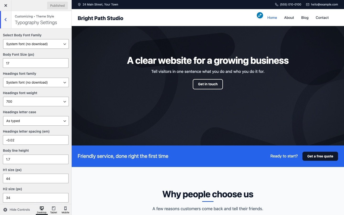 Typography Settings with font families and sizes