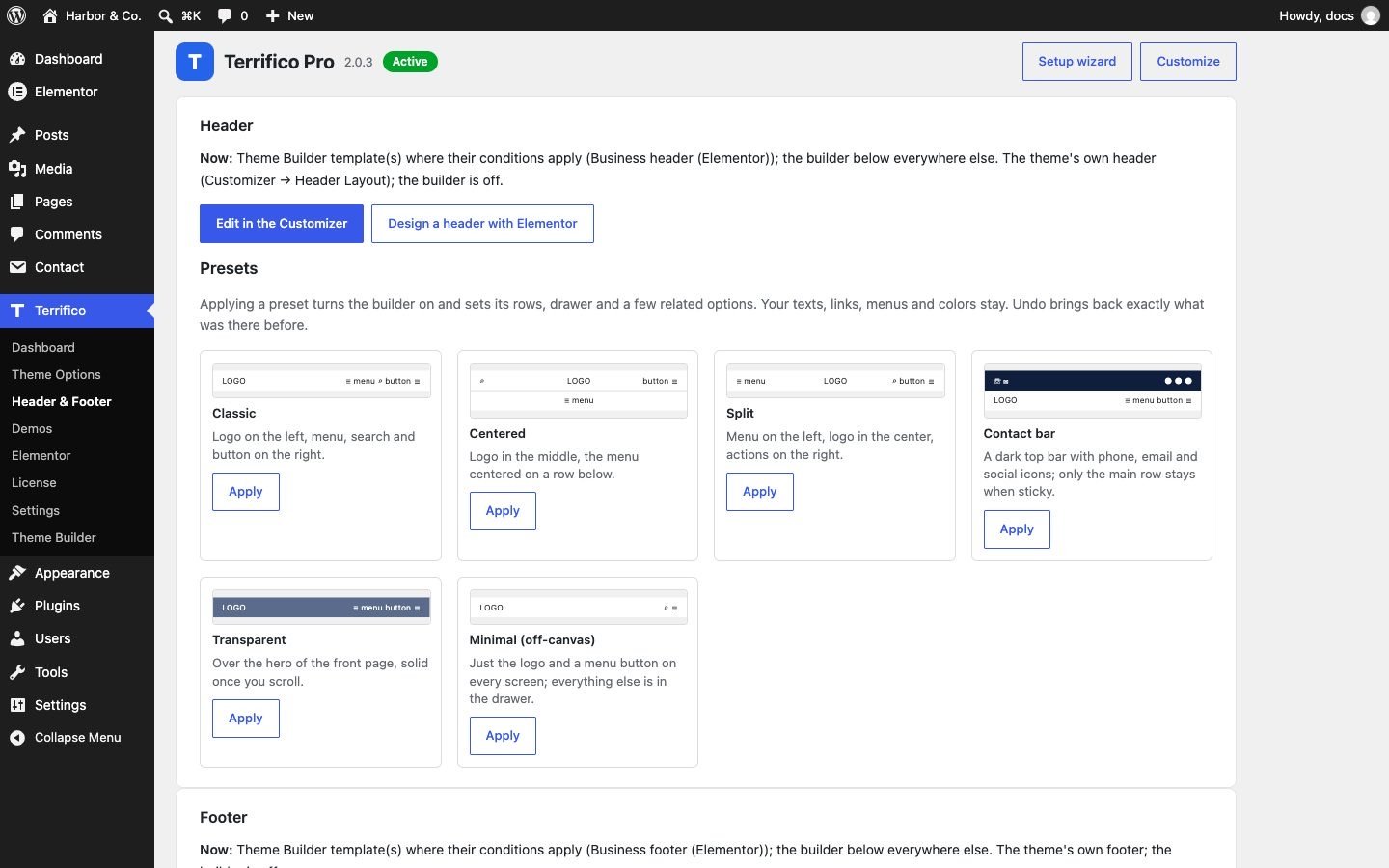 The Header and Footer screen with presets