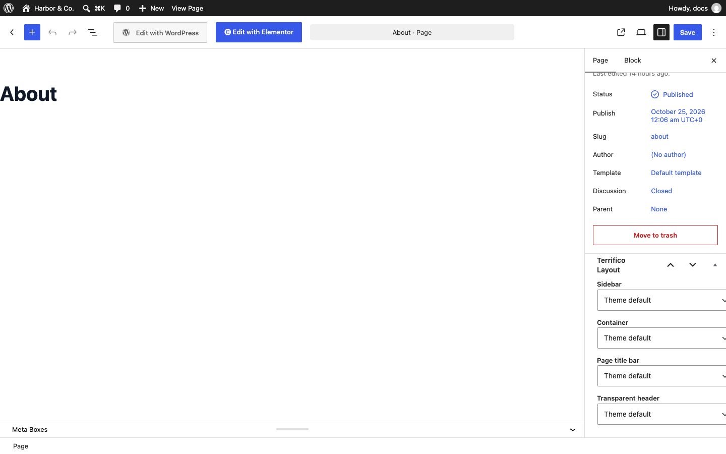 The Terrifico Layout box in the page editor sidebar