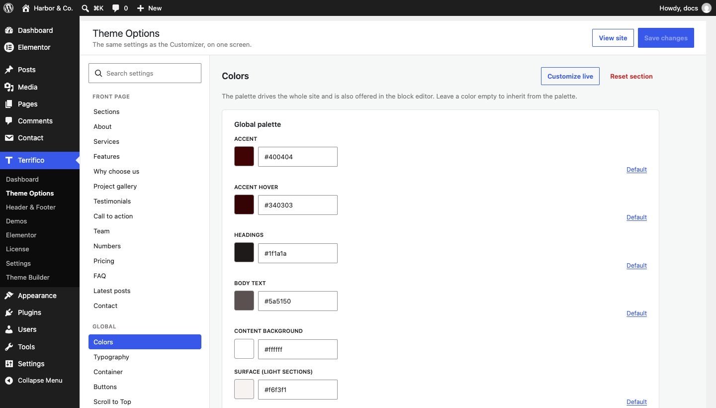The Theme Options screen with all settings on one page