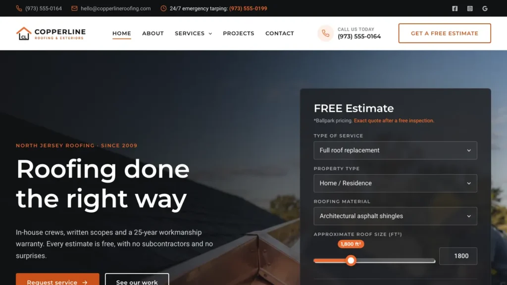Copperline Roofing & Exteriors homepage preview