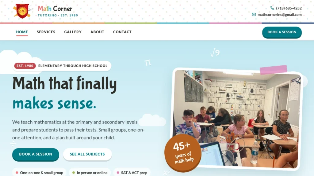 Math Corner Tutoring homepage preview