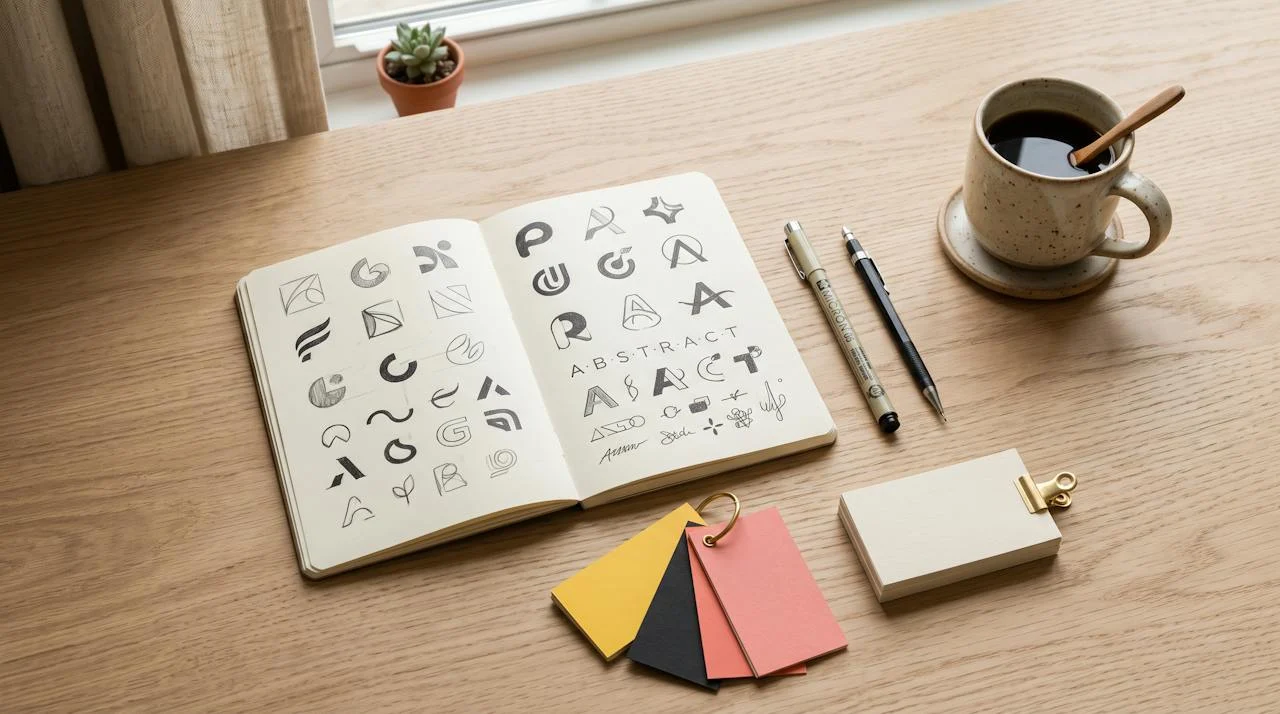 Logo sketches, a fineliner pen and color swatch cards on a design desk