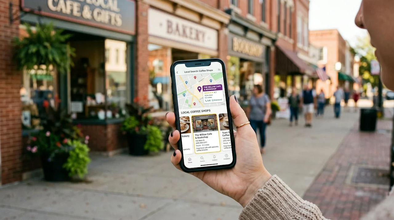 A smartphone showing local search results with a highlighted small business listing