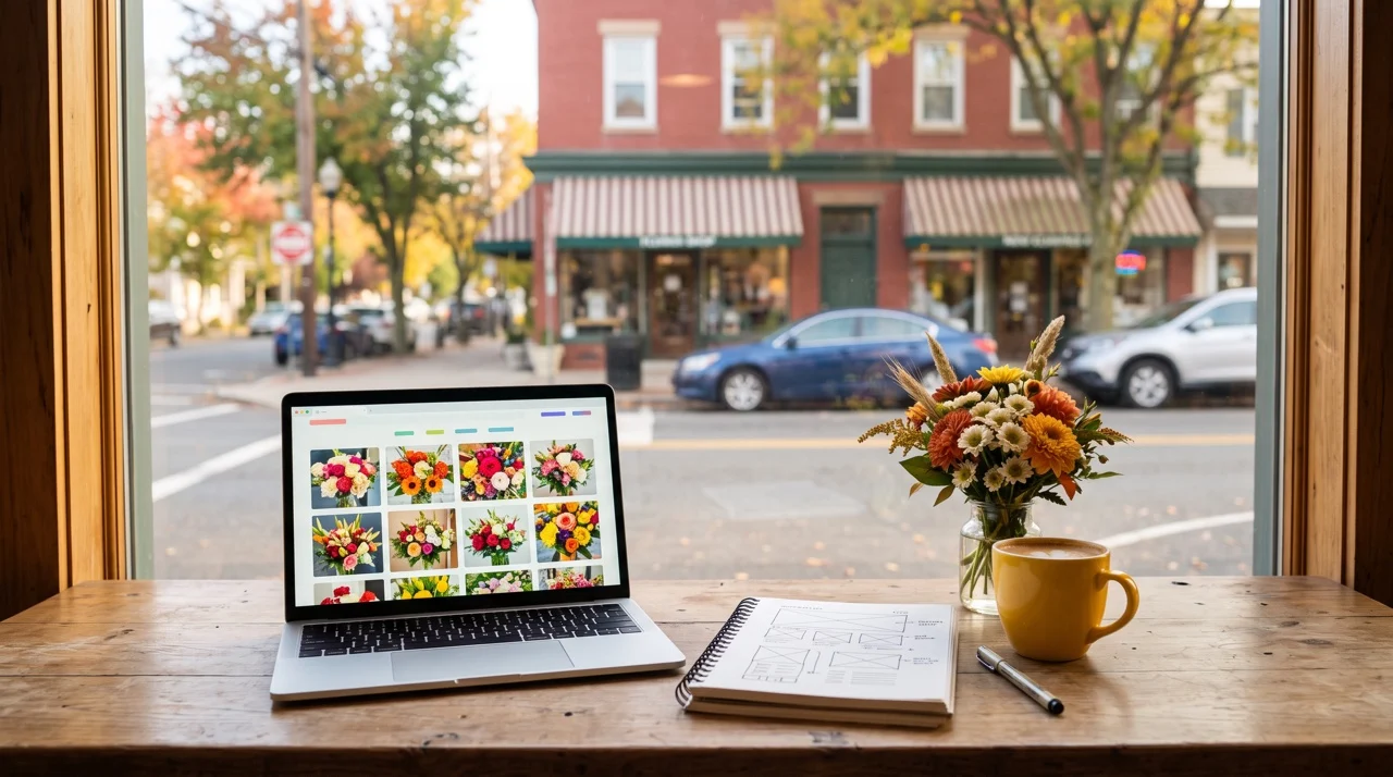 A laptop showing a flower shop website, a wireframe sketchbook and a yellow mug on a cafe table by a window onto a leafy New Jersey main street